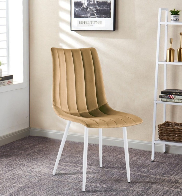 Krzesło tapicerowane Alan jasno brązowe welur, nogi białe