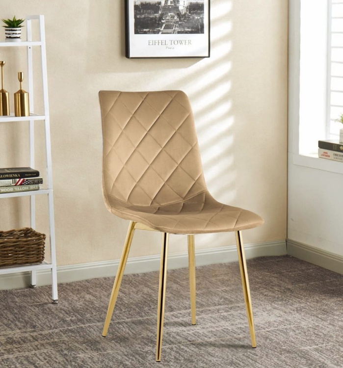Krzesło tapicerowane Adel jasno brązowe welur, nogi złote