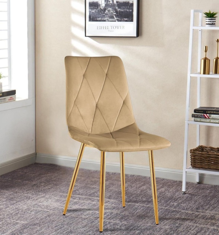 Krzesło tapicerowane Tom jasno brązowe welur, nogi złote