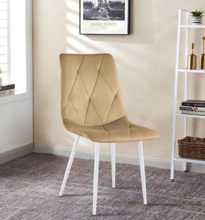 Krzesło tapicerowane Tom jasno brązowe welur, nogi białe