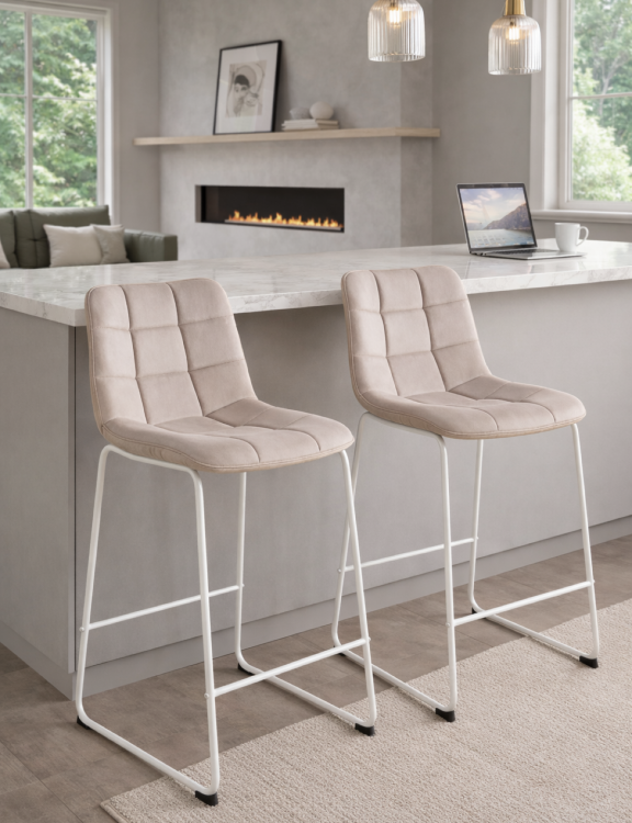 Hoker tapicerowany Maroko beżowy, nogi białe 61 cm