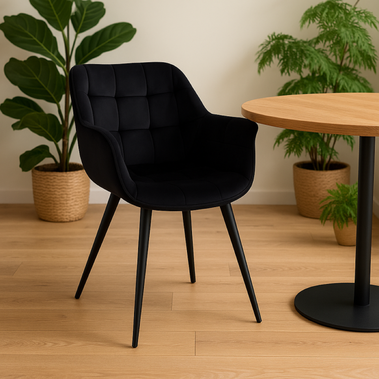 Fotel tapicerowany do salonu Alaska czarny nogi czarne pikowane welur