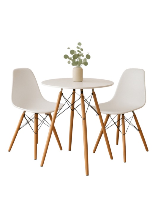 Zestaw stół okrągły Paris 70 cm + 2 krzesła Milano białe, nogi bukowe