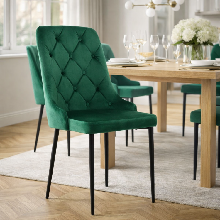 Krzesło Mig zielone tapicerowane glamour pikowane guziki welur