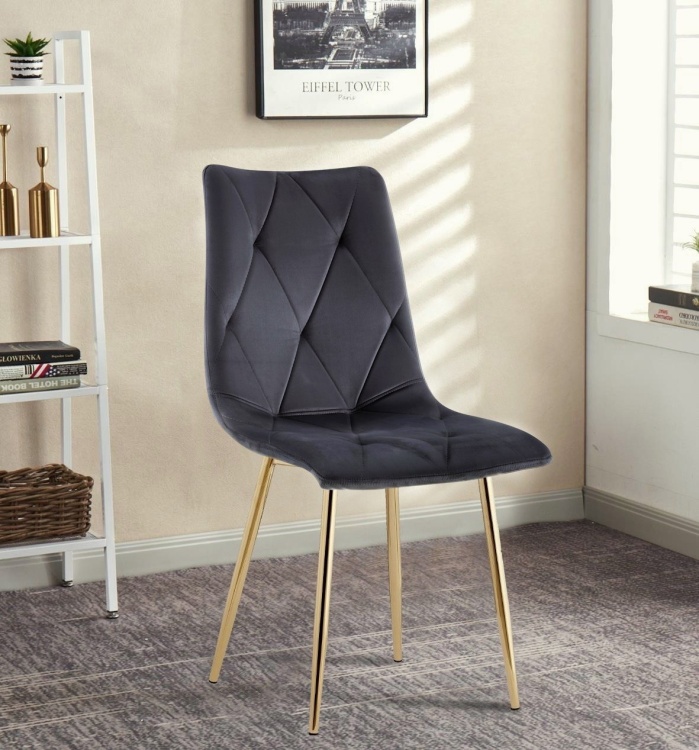Krzesło tapicerowane Tom ciemno szare, nogi złote welur