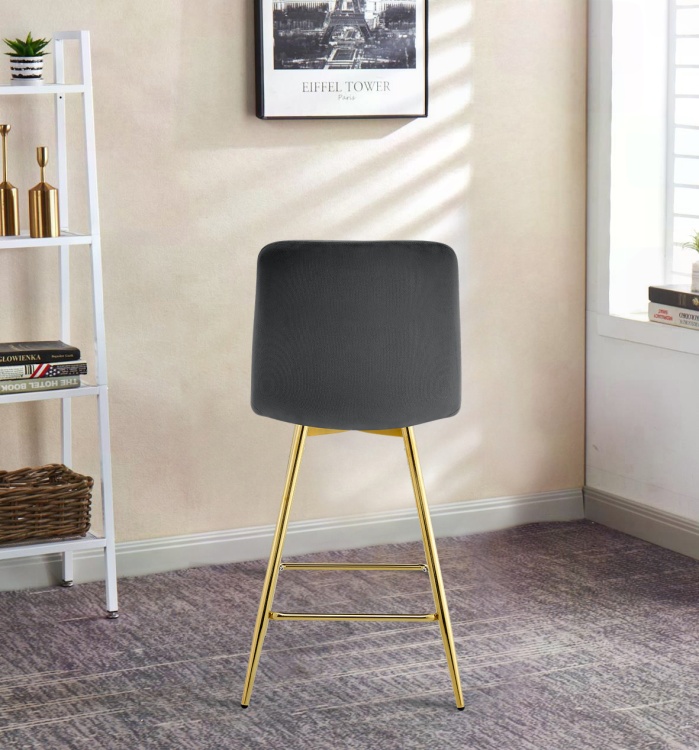 Hoker tapicerowany niski Tom ciemno szary, nogi złote 62 cm
