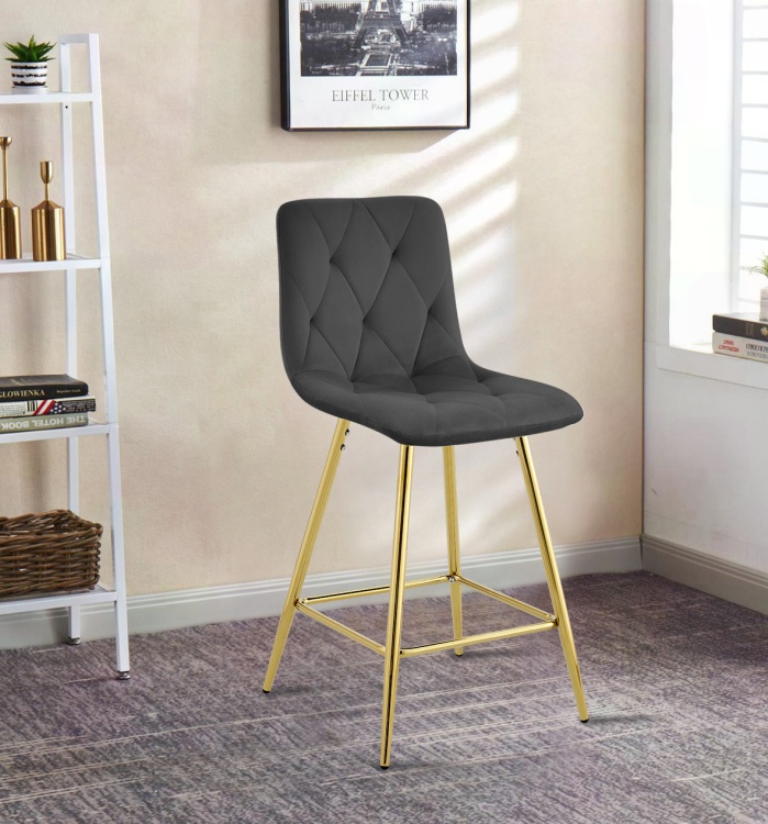 Hoker tapicerowany niski Tom ciemno szary, nogi złote 62 cm
