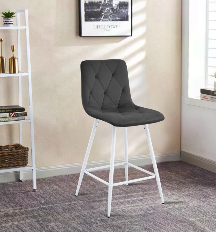Hoker tapicerowany niski Tom ciemno szary, nogi białe 62 cm