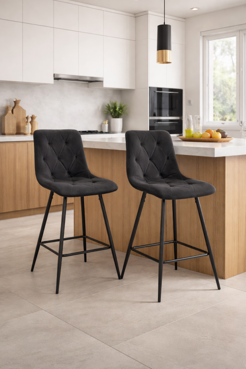 Hoker tapicerowany niski Tom ciemnoszary, nogi czarne 62 cm