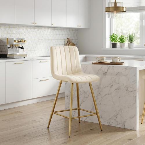 Hoker tapicerowany niski Alan kremowy, nogi złote 62 cm