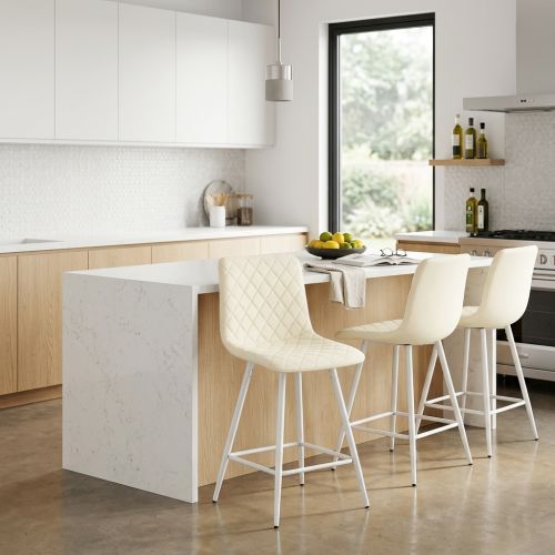 Hoker tapicerowany niski Adel kremowy, nogi białe 62 cm