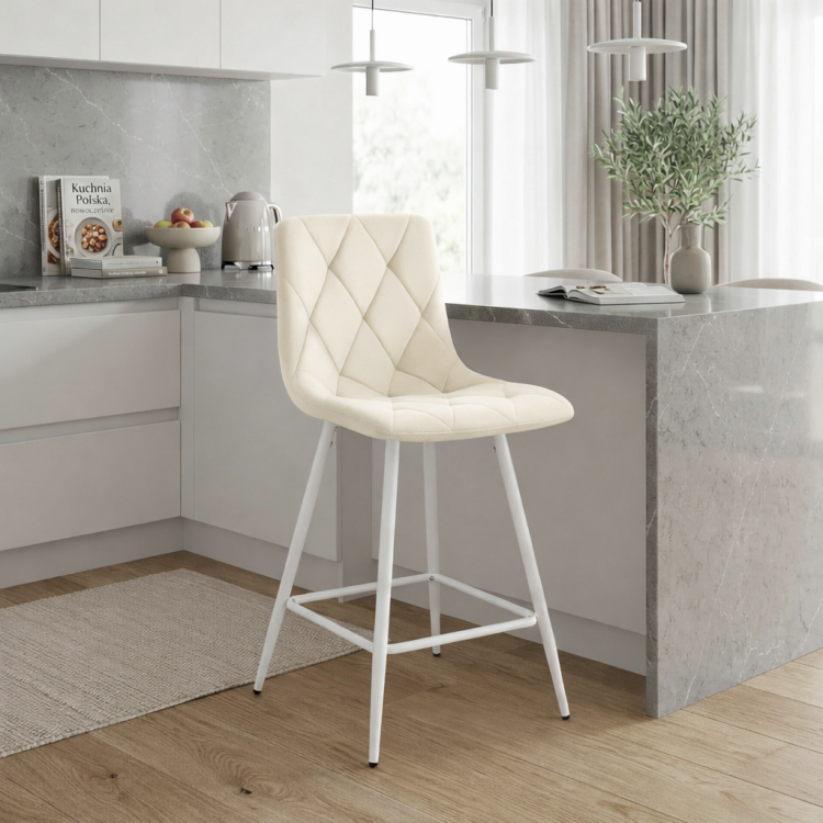 Hoker tapicerowany niski Tom kremowy, nogi białe 62 cm