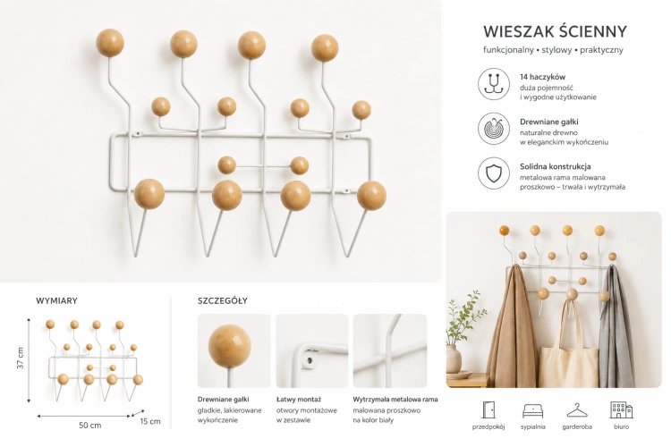 Wieszak ścienny Hook drewno kulki inspirowany hang it all