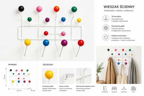 Wieszak ścienny Hook kolorowy kulki inspirowany hang it all