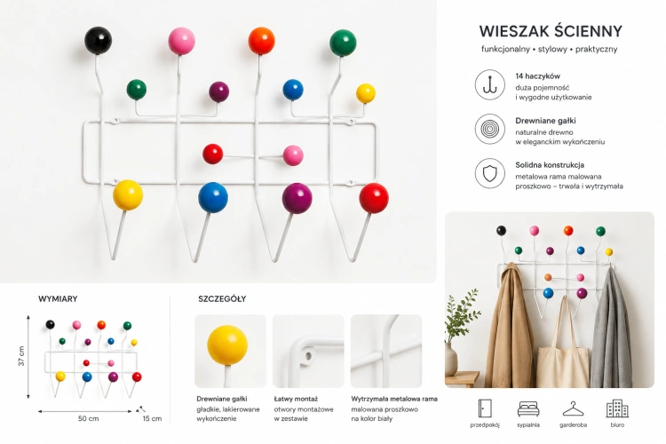Wieszak ścienny Hook kolorowy kulki inspirowany hang it all