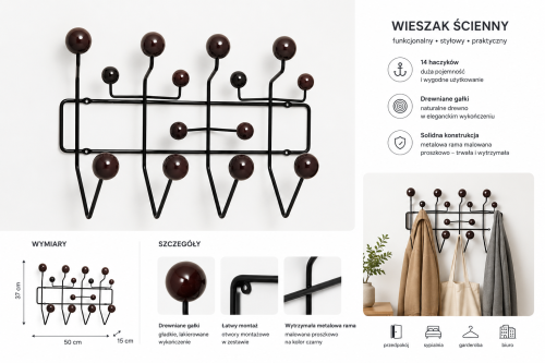 Wieszak ścienny Hook wenge kulki inspirowany hang it all