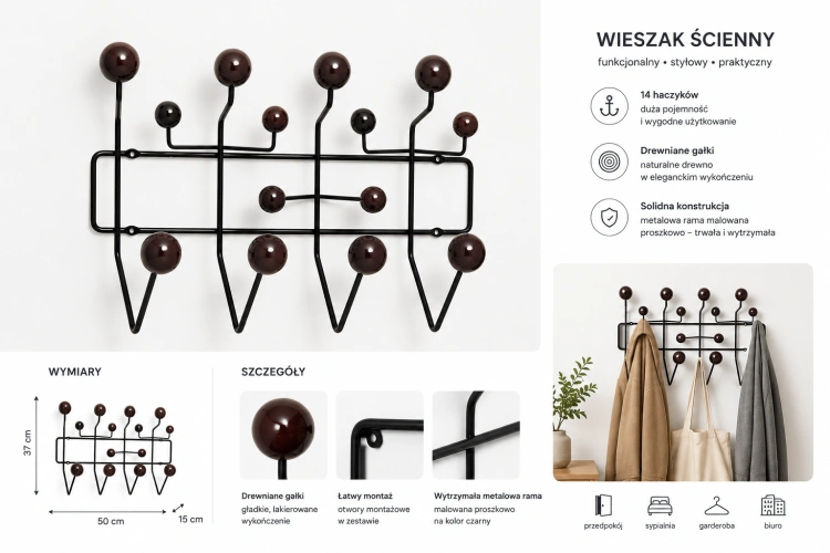 Wieszak ścienny Hook wenge kulki inspirowany hang it all