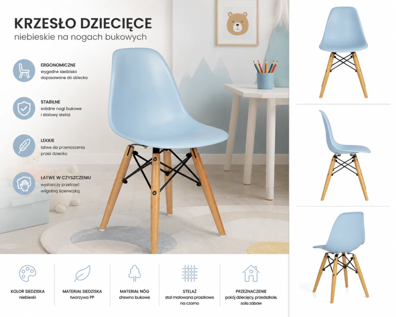 Krzesło dziecięce Milano niebieskie, nogi bukowe, skandynawskie