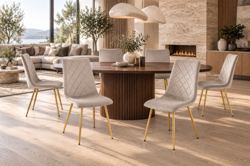 Krzesło welurowe beżowe Adel, na złotych nogach do salonu i jadalni